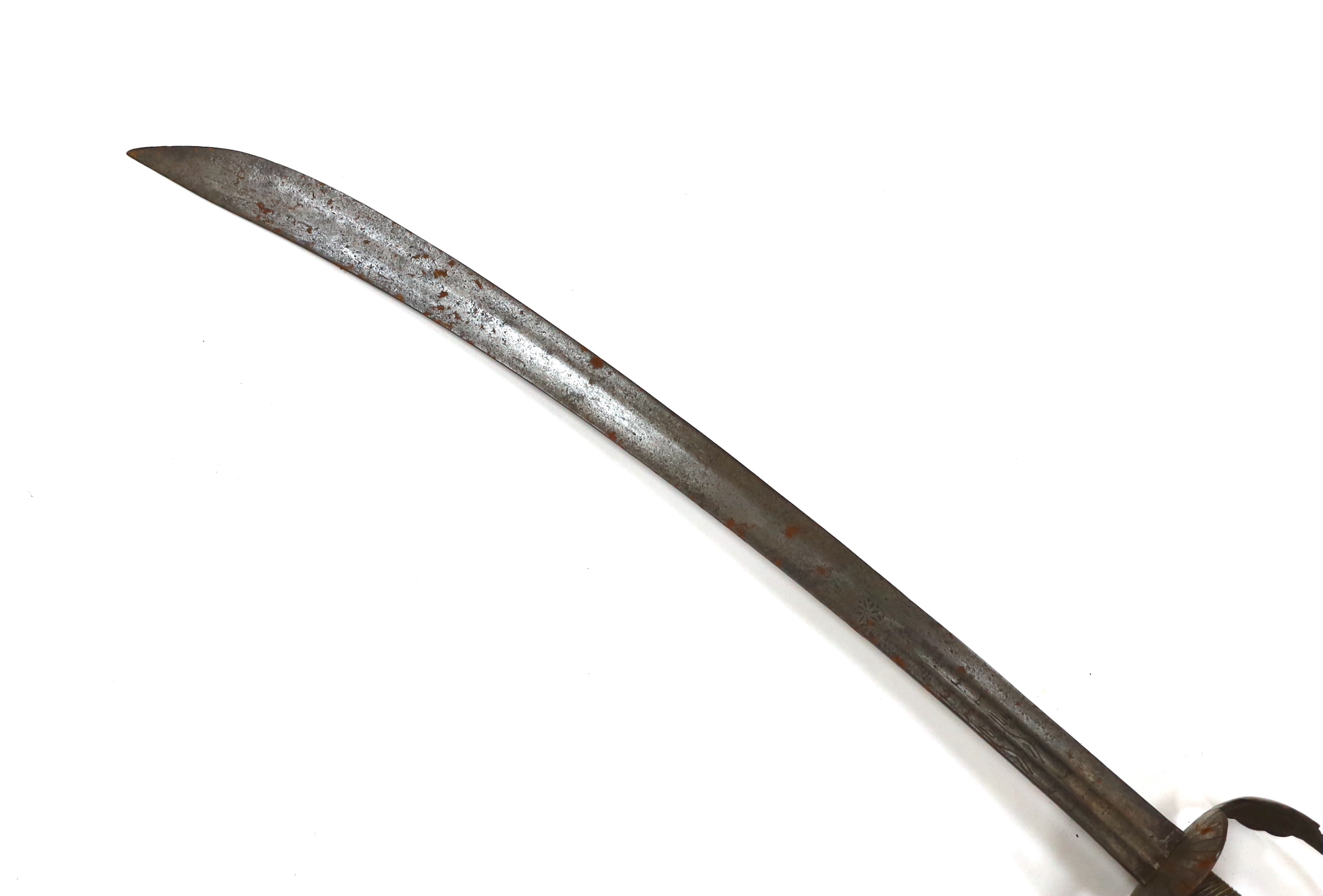 An English hangar, mid 17th century, curved fullered blade engraved with spurious date 1535 and running wolf mark, iron guard slightly reduced and swollen pommel, spirally carved and chequered bone grip, blade 67.5cm